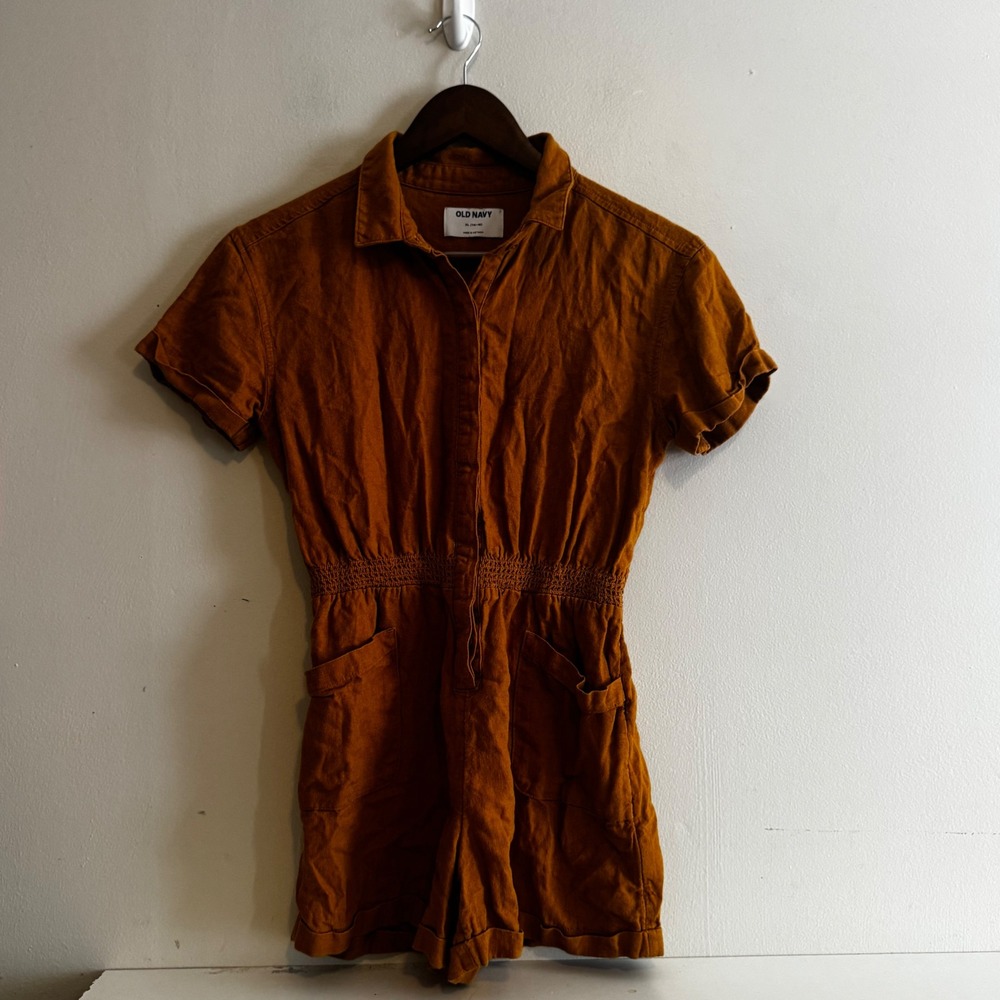 Old Navy Women's XL Mustard Linen Blend Short Sleeve Romper Boho Indie Fall
